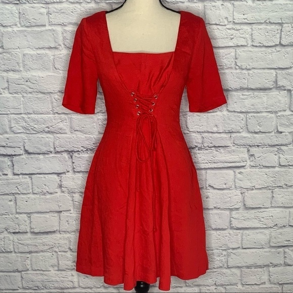 Anthropologie Maeve Red Corset Front Ribbed Textured A-Line Dress - Picture 5 of 15